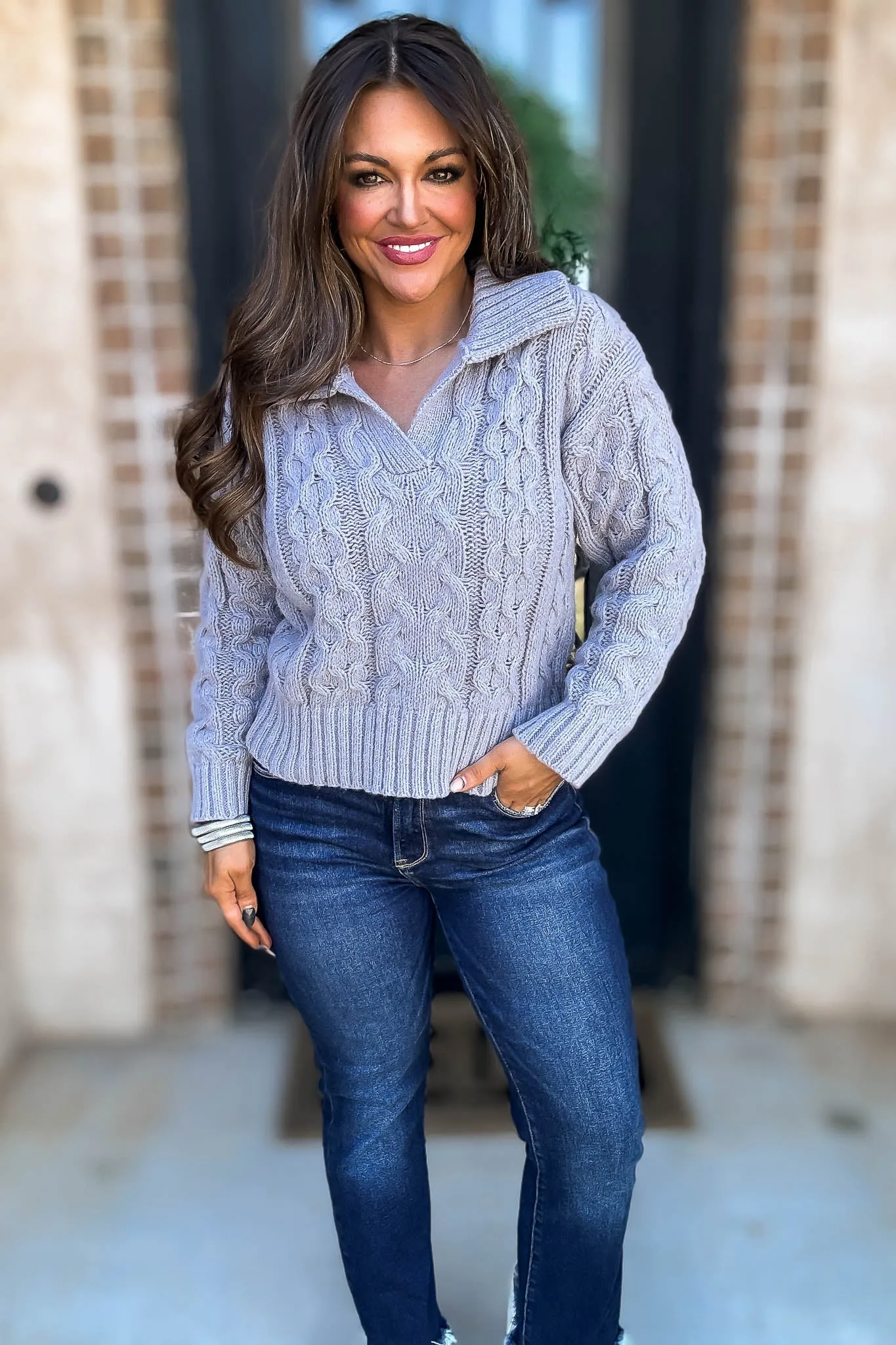Heather Grey Long Sleeve V-Neck Cable Knit Sweater