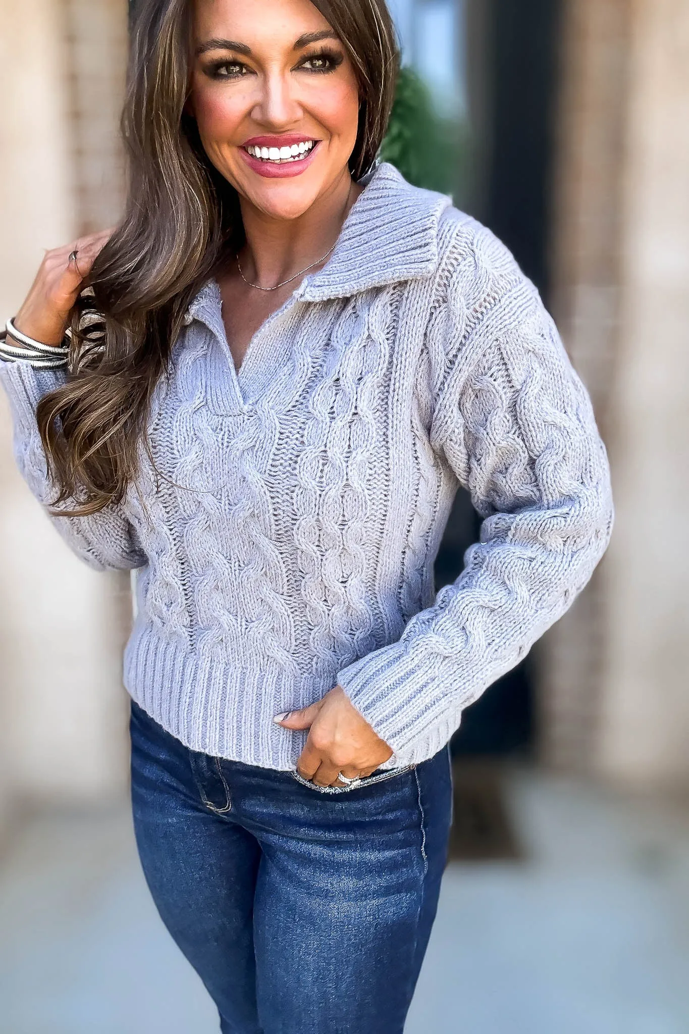Heather Grey Long Sleeve V-Neck Cable Knit Sweater