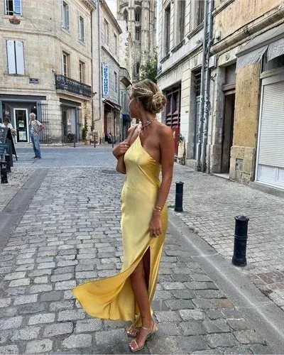 Hnzxzm Sexy Satin Backless Beach Sundress Women Summer Halter Sleeveless High Split Long Maxi Dress Party Holiday Vestidos Robe