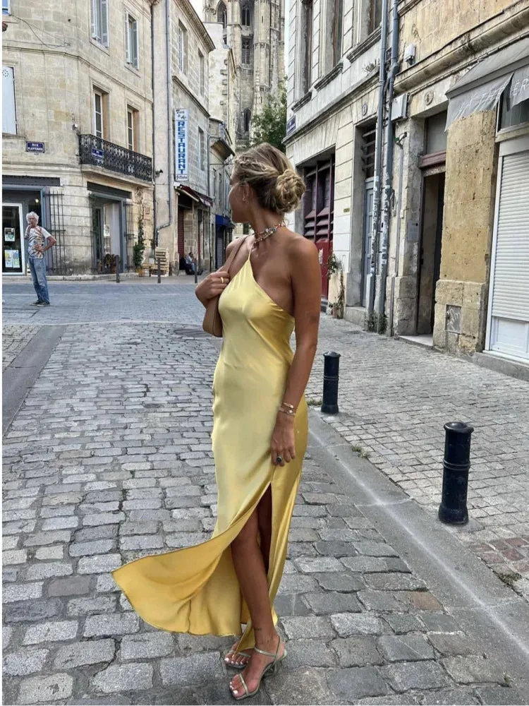Hnzxzm Sexy Satin Backless Beach Sundress Women Summer Halter Sleeveless High Split Long Maxi Dress Party Holiday Vestidos Robe