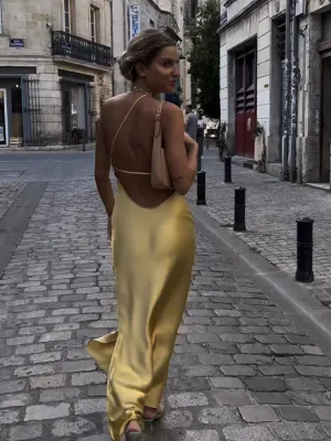 Hnzxzm Sexy Satin Backless Beach Sundress Women Summer Halter Sleeveless High Split Long Maxi Dress Party Holiday Vestidos Robe