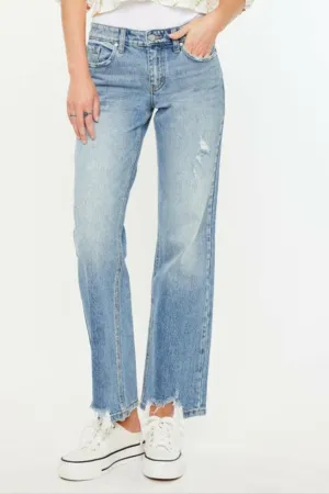 Kancan Mid Rise Frayed Hem Straight Jeans