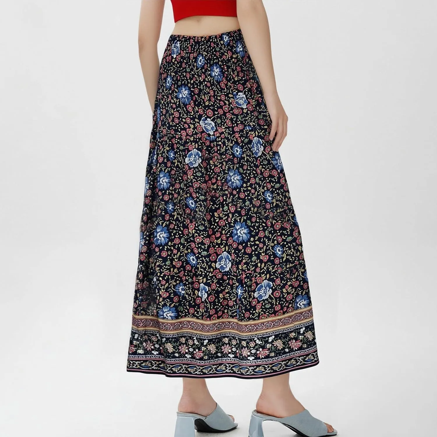 Long Skirts for Women Floral Boho Flowy Maxi Skirt Swing Tiered Midi Skirt Smocked Elastic High Waisted Skirts