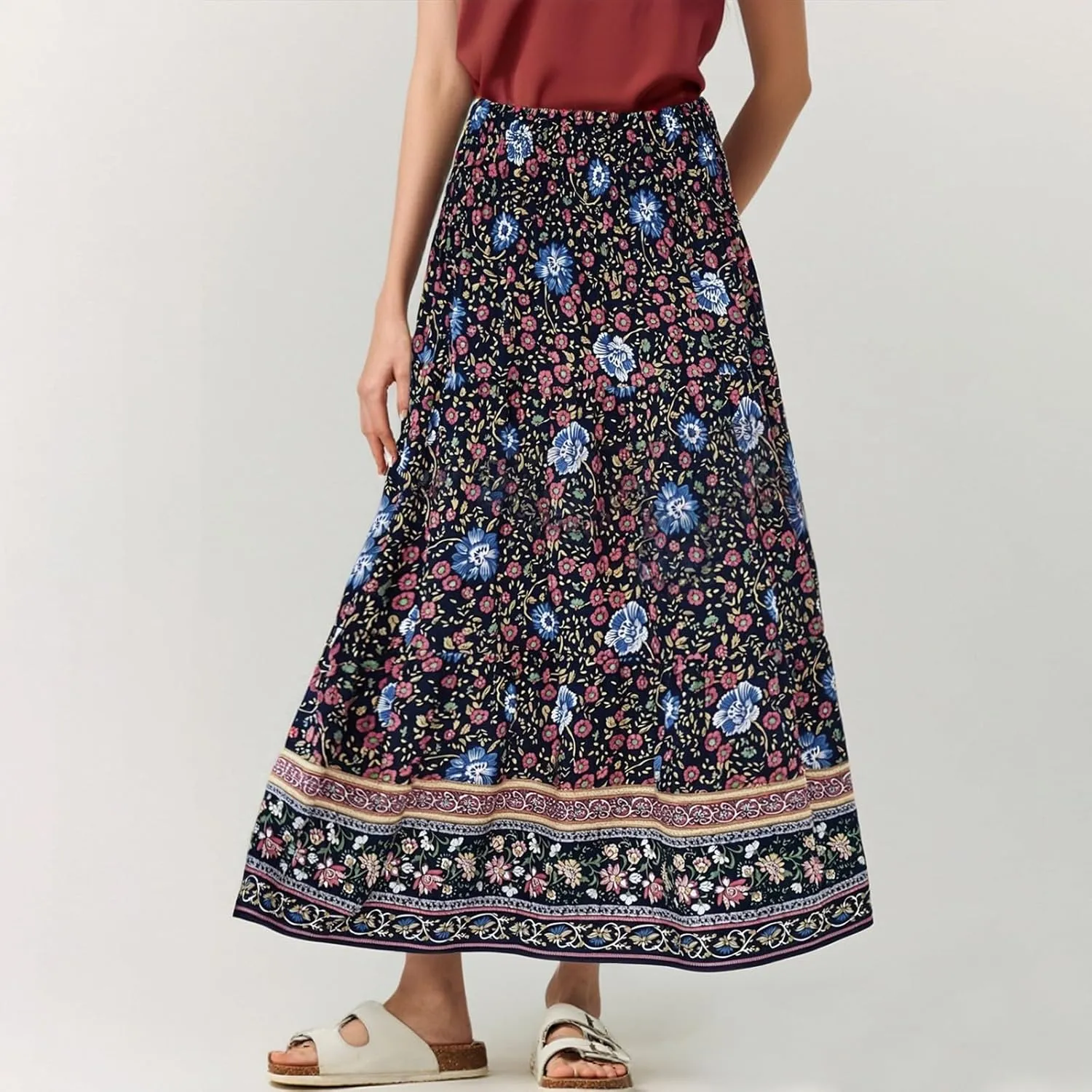 Long Skirts for Women Floral Boho Flowy Maxi Skirt Swing Tiered Midi Skirt Smocked Elastic High Waisted Skirts