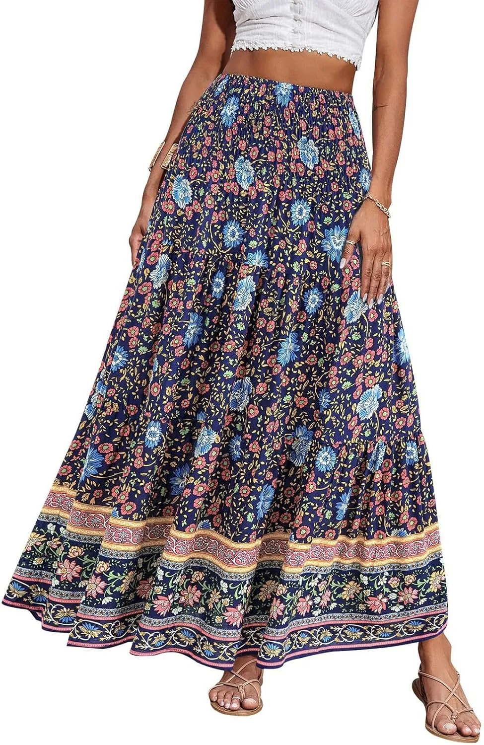 Long Skirts for Women Floral Boho Flowy Maxi Skirt Swing Tiered Midi Skirt Smocked Elastic High Waisted Skirts