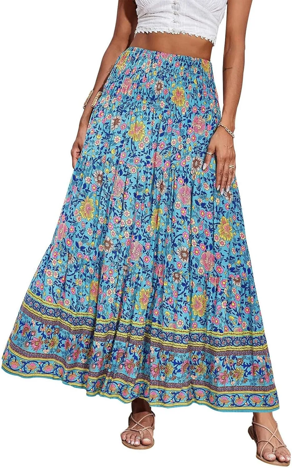 Long Skirts for Women Floral Boho Flowy Maxi Skirt Swing Tiered Midi Skirt Smocked Elastic High Waisted Skirts