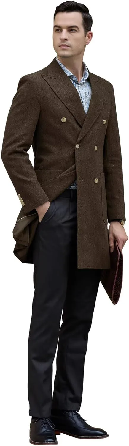 Men Trench Coat Classic Warm Peak Lapel Peacoat Mens Double Breasted Business Long Winter Mens Overcoat with Pockets