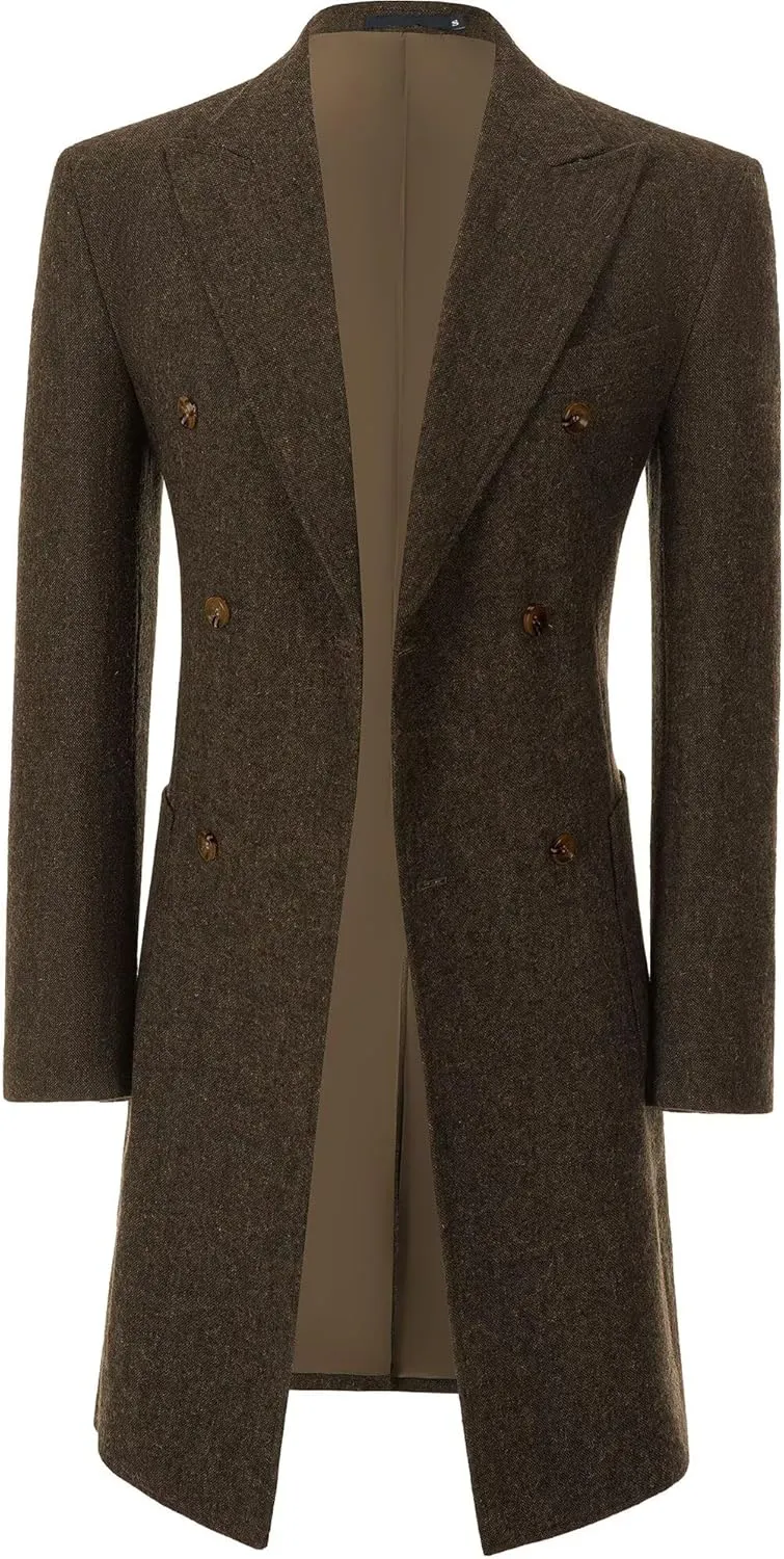 Men Trench Coat Classic Warm Peak Lapel Peacoat Mens Double Breasted Business Long Winter Mens Overcoat with Pockets