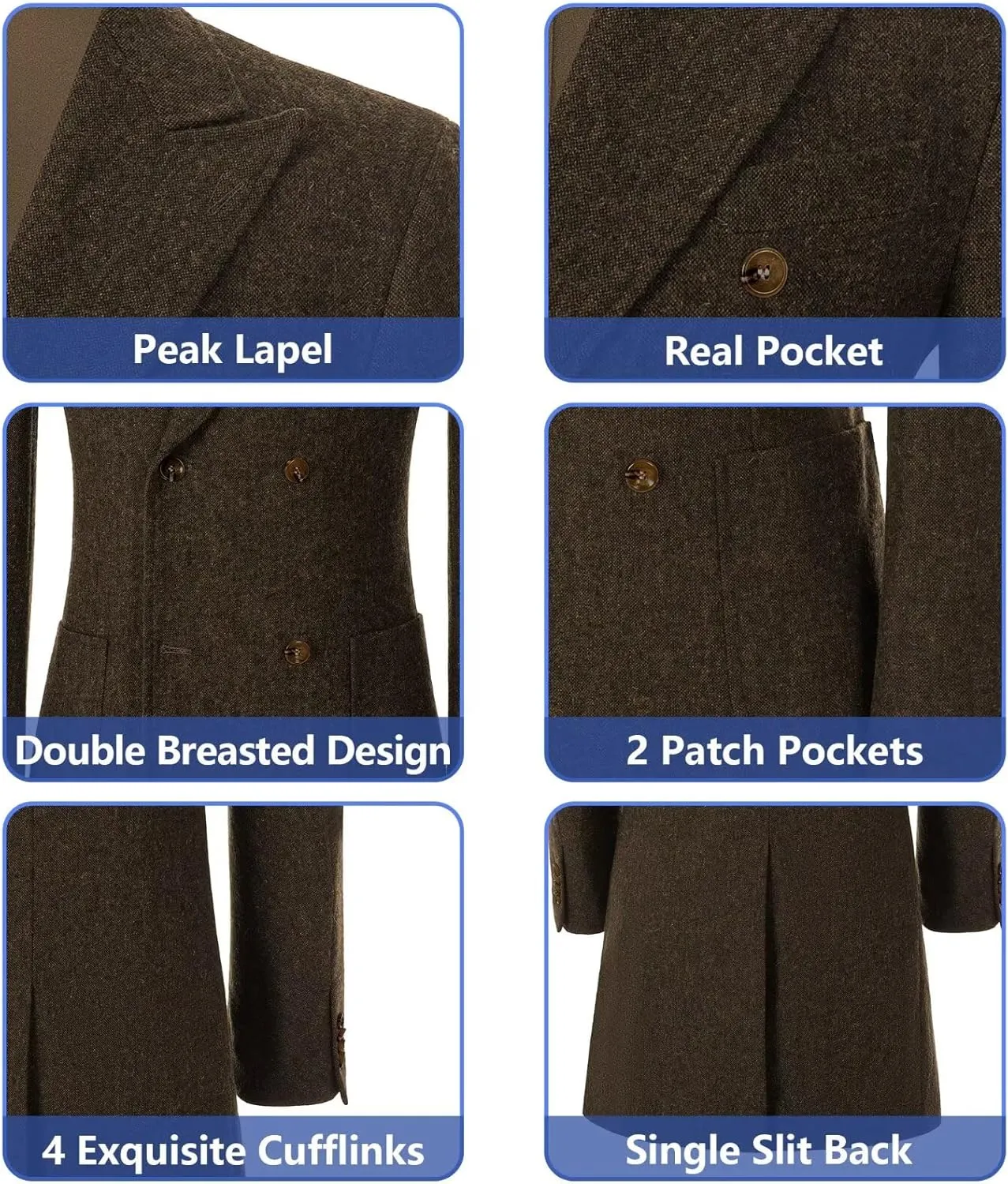 Men Trench Coat Classic Warm Peak Lapel Peacoat Mens Double Breasted Business Long Winter Mens Overcoat with Pockets