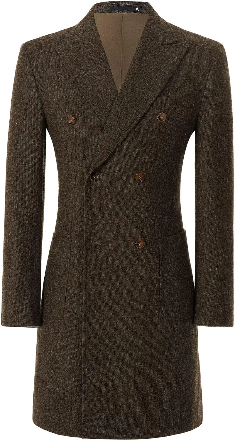 Men Trench Coat Classic Warm Peak Lapel Peacoat Mens Double Breasted Business Long Winter Mens Overcoat with Pockets