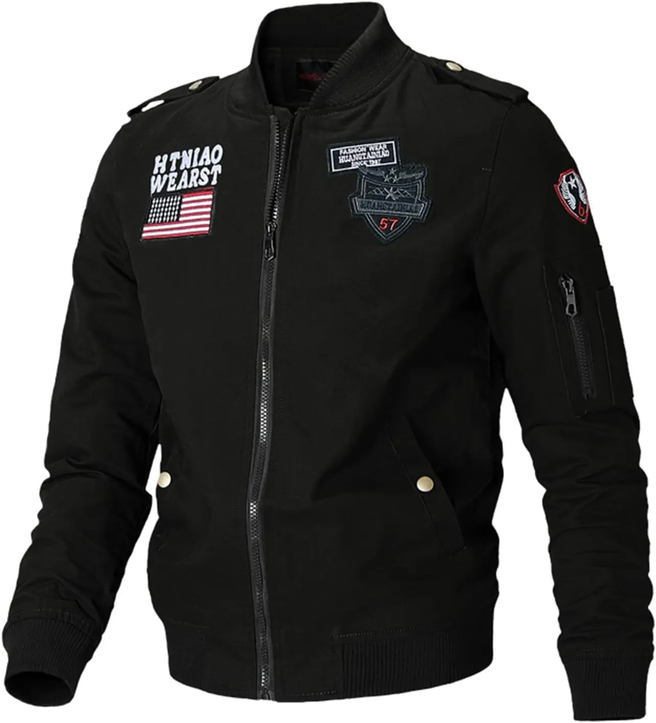 Mens Cotton Military Jacket USA American Flag Embroidered Patches Bomber Jacket Plus Size Full Zip Windproof Work Top