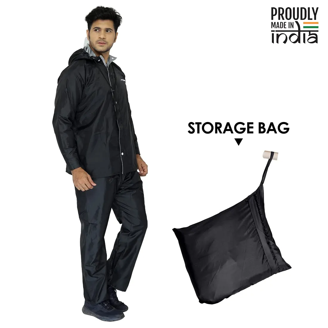 Men's Reversible Waterproof Raincoat - Double Layer, Reflector | Hooded | XXL | Black