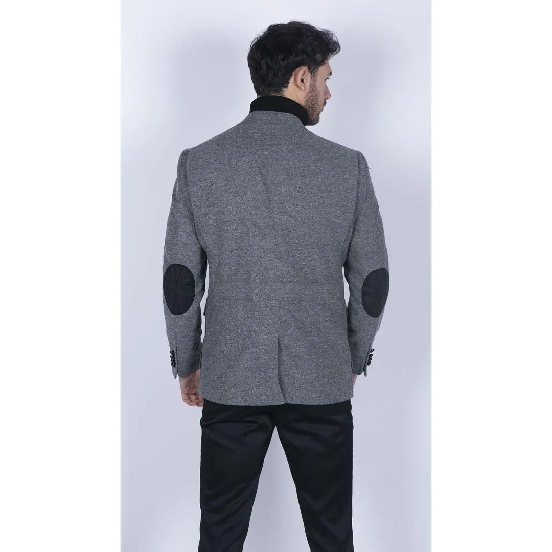 Mens Wool Tweed Shooting Jacket Hunting Blazer Elbow Patch Grey Vintage Races