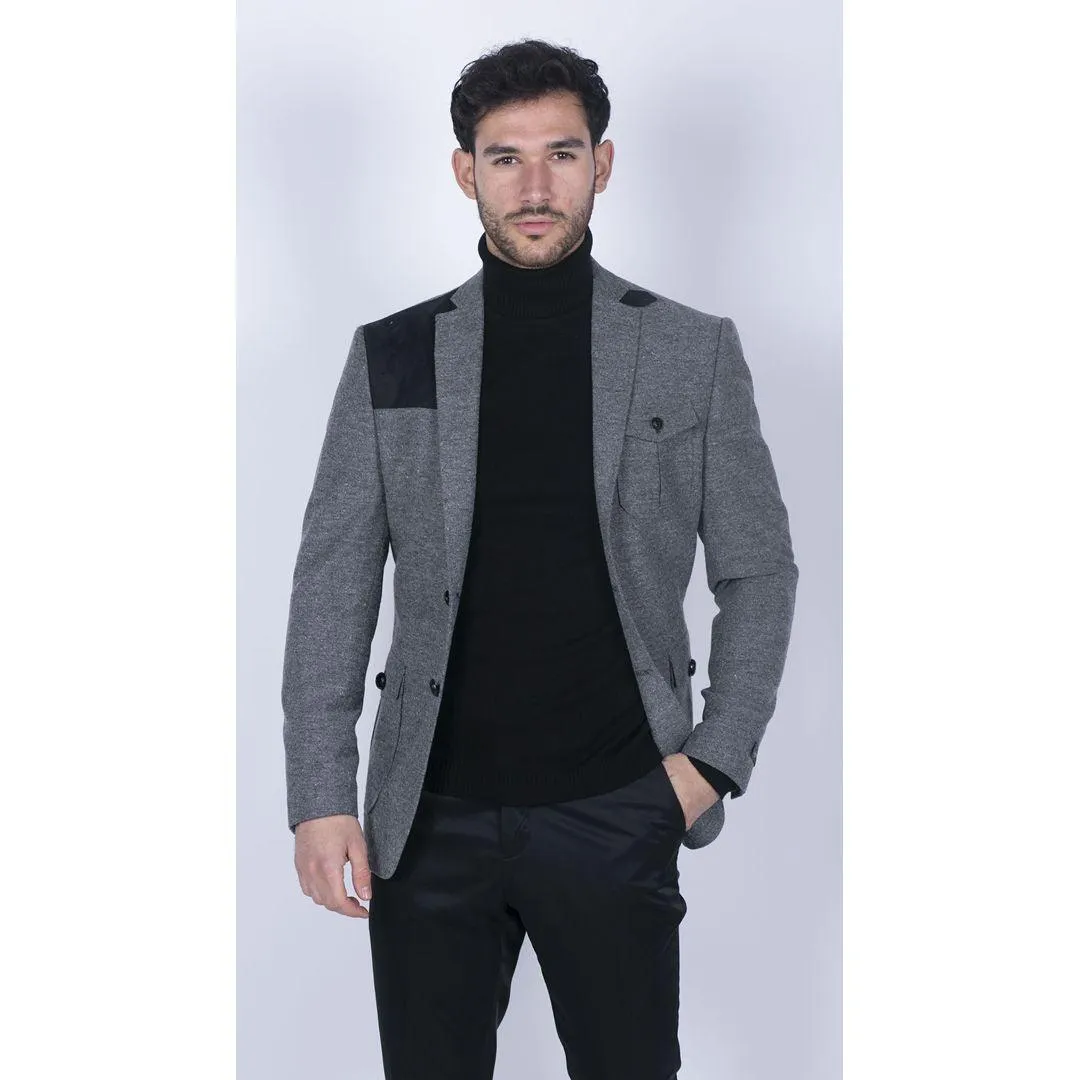 Mens Wool Tweed Shooting Jacket Hunting Blazer Elbow Patch Grey Vintage Races
