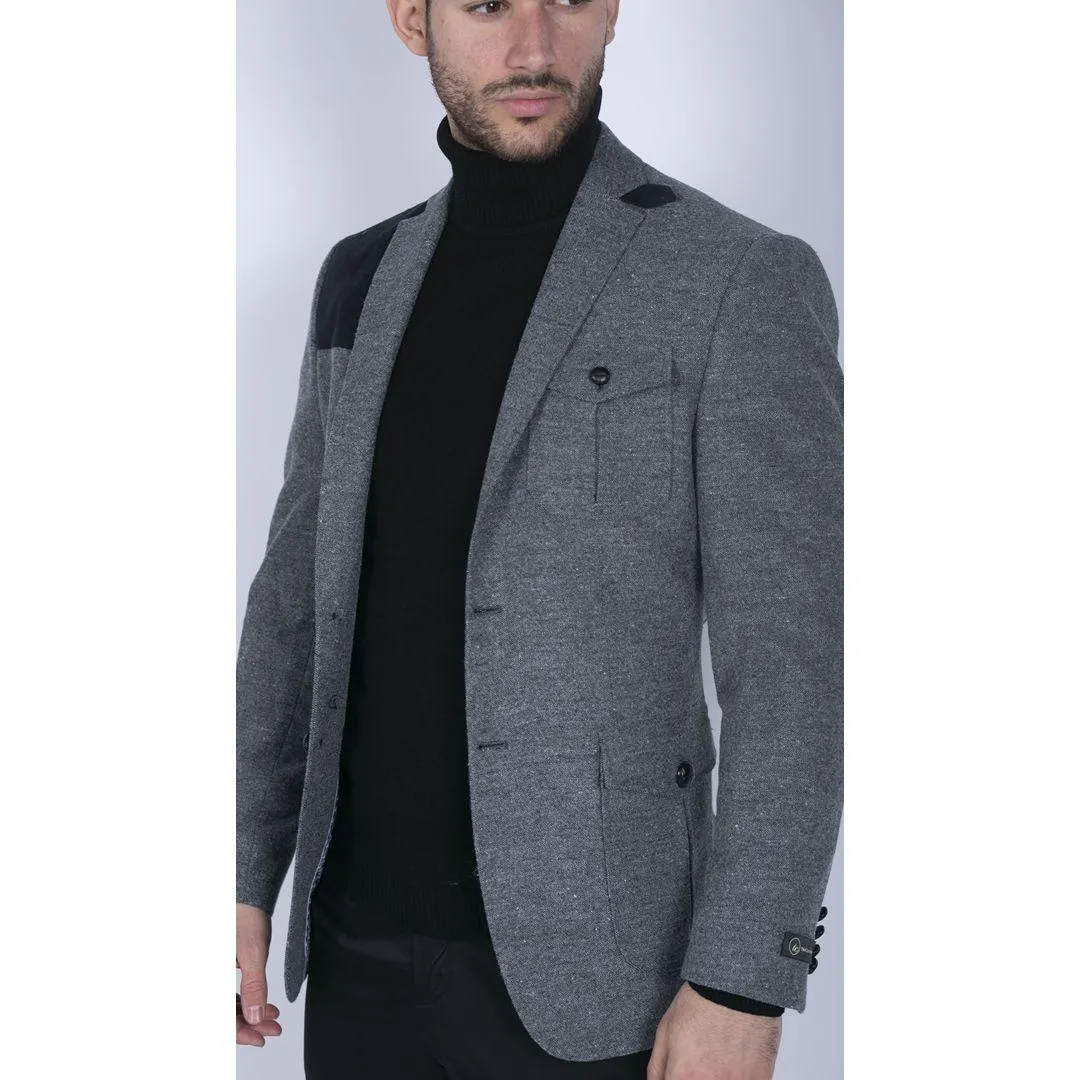 Mens Wool Tweed Shooting Jacket Hunting Blazer Elbow Patch Grey Vintage Races