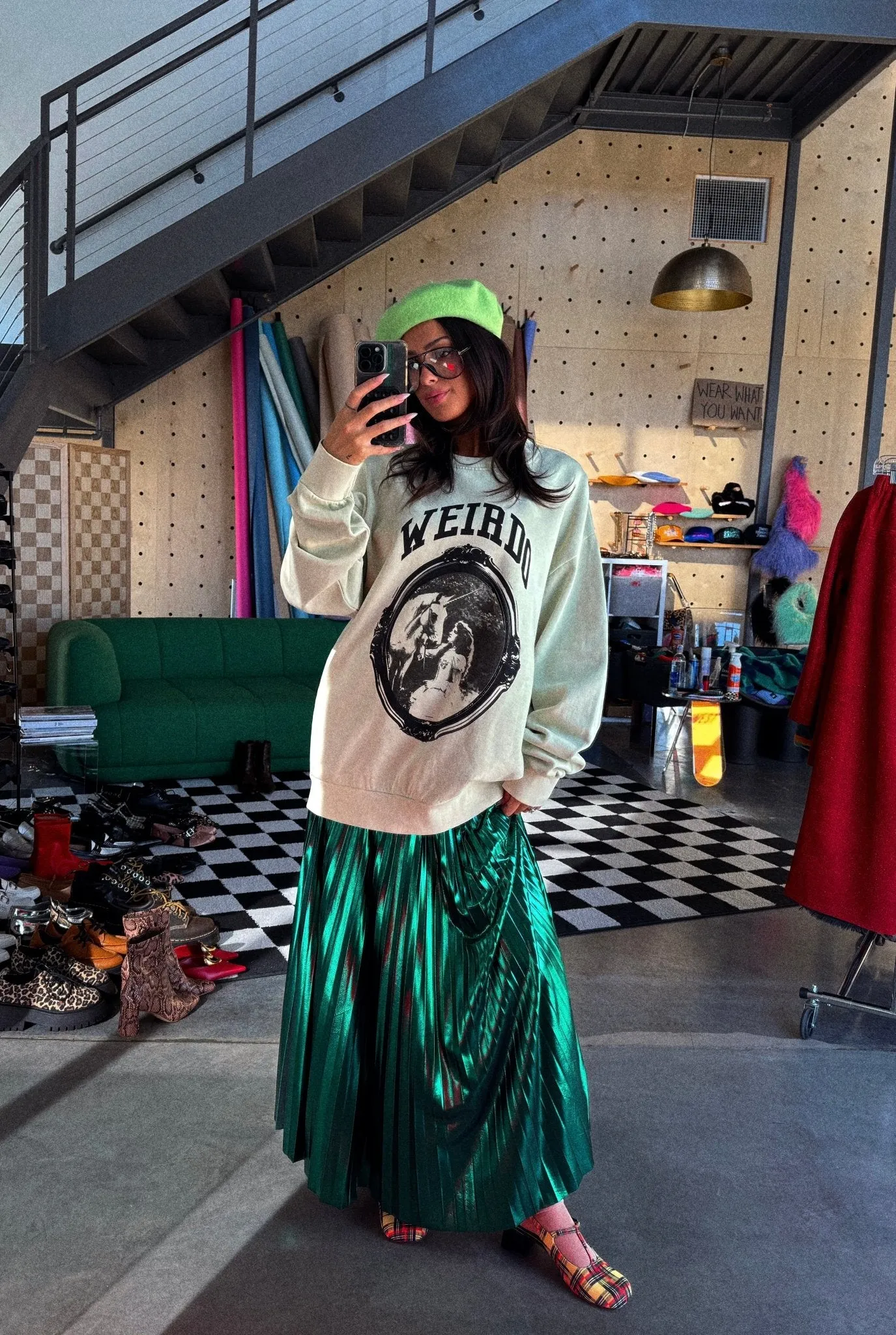 Metallic Pleated Midi Skirt in Emerald Green
