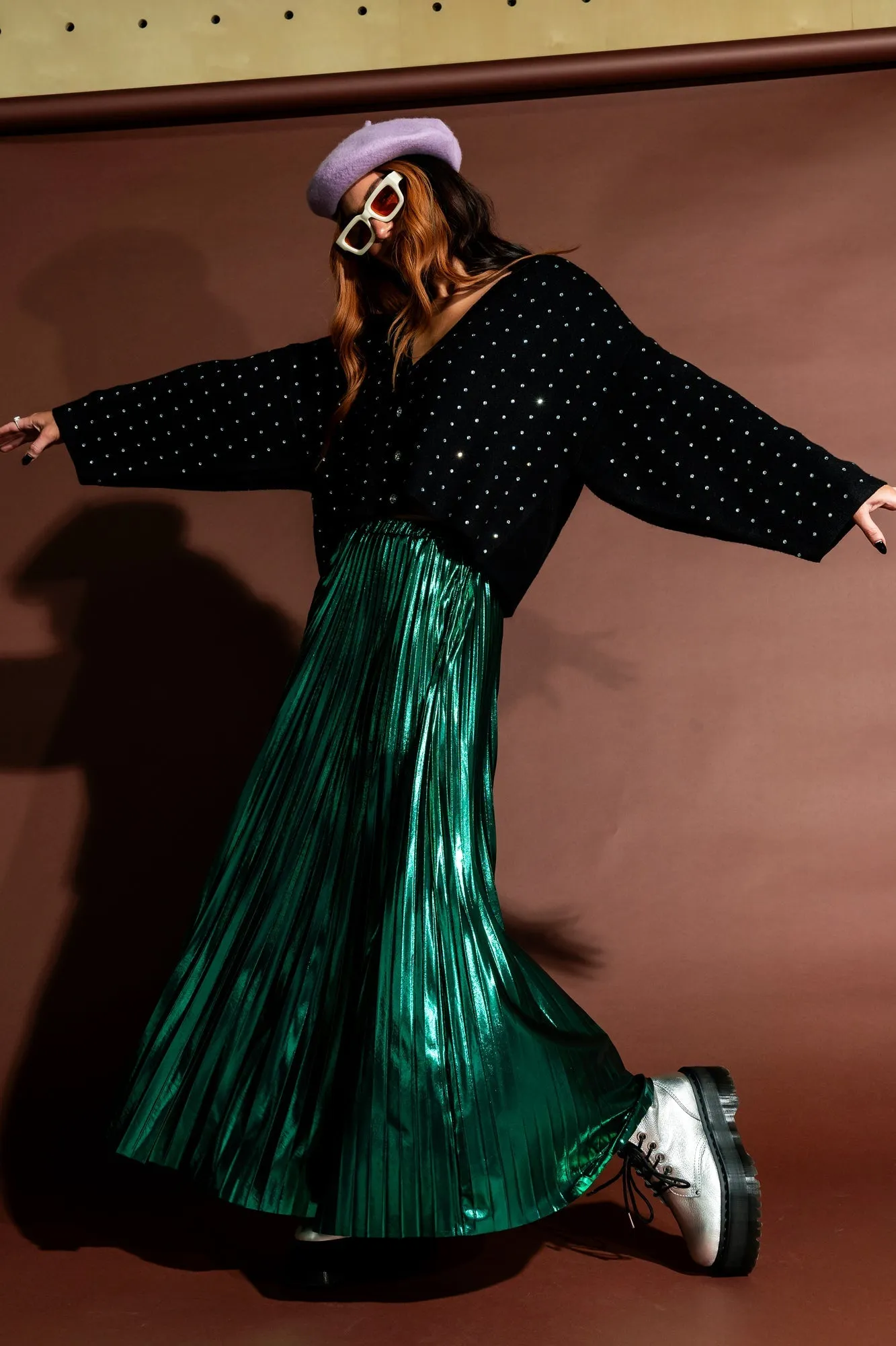 Metallic Pleated Midi Skirt in Emerald Green
