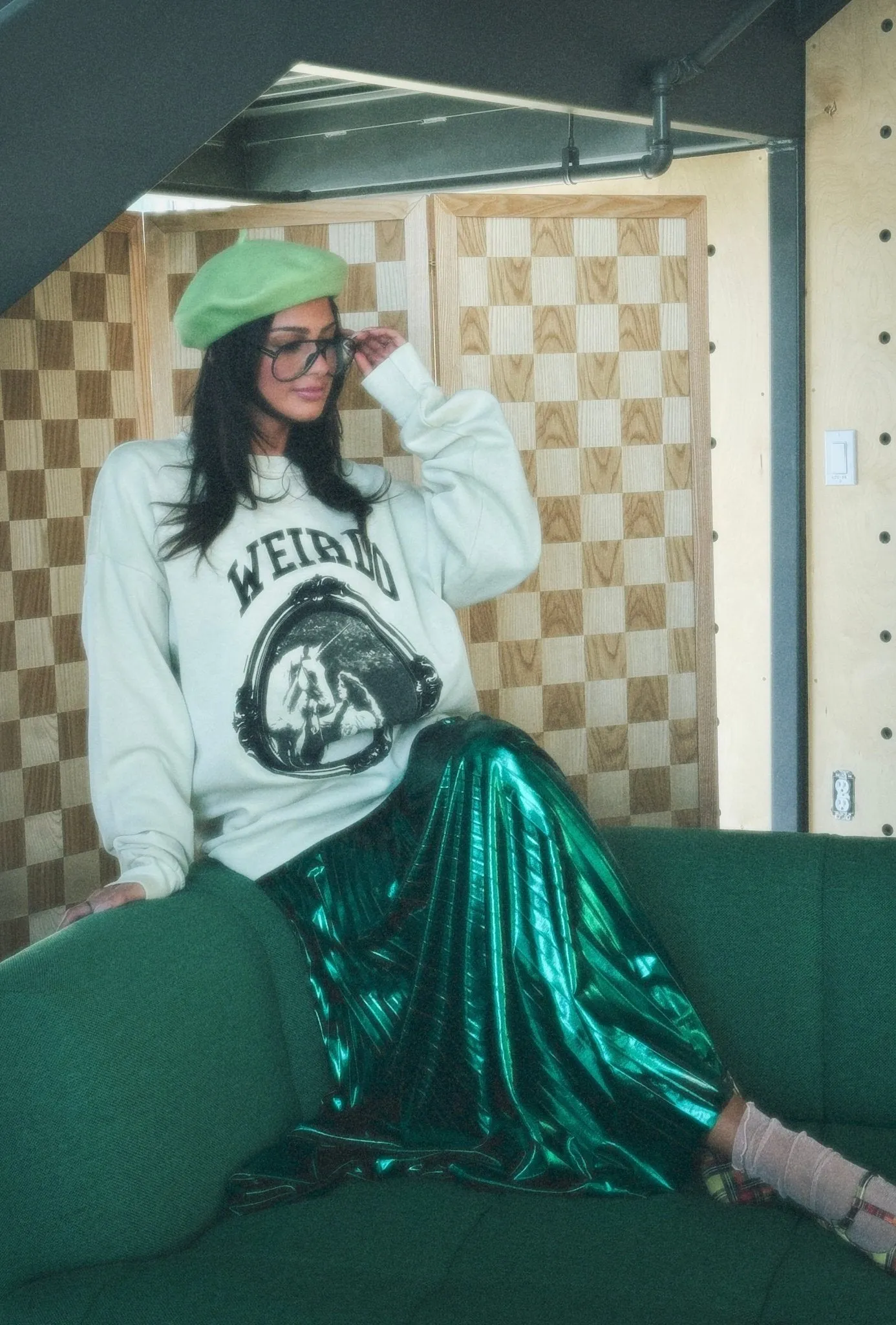 Metallic Pleated Midi Skirt in Emerald Green