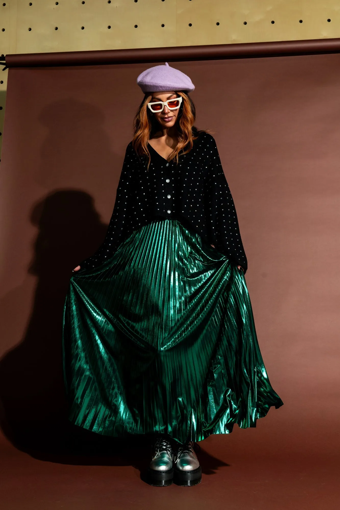 Metallic Pleated Midi Skirt in Emerald Green