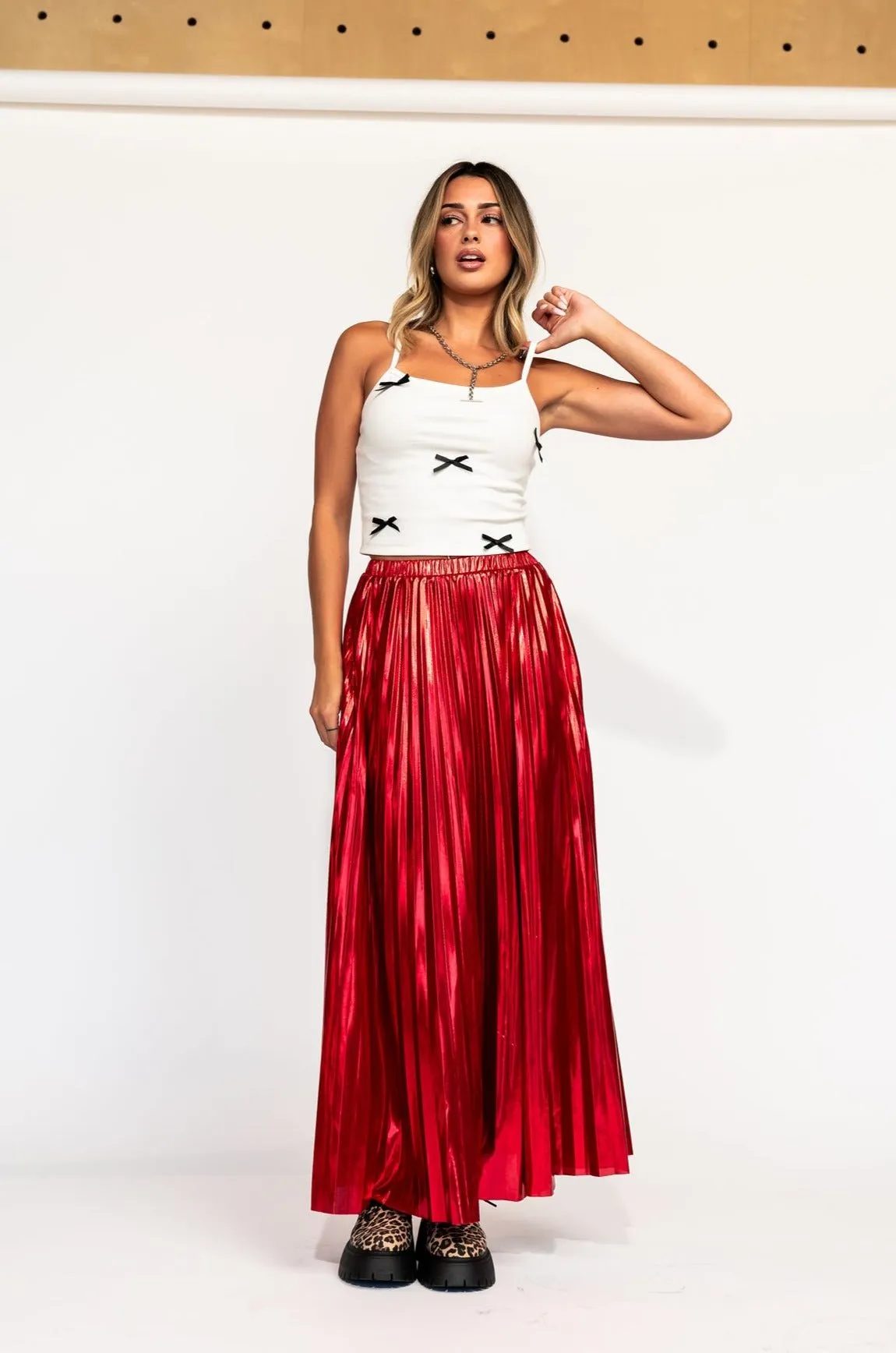 Metallic Pleated Midi Skirt in Red Hot