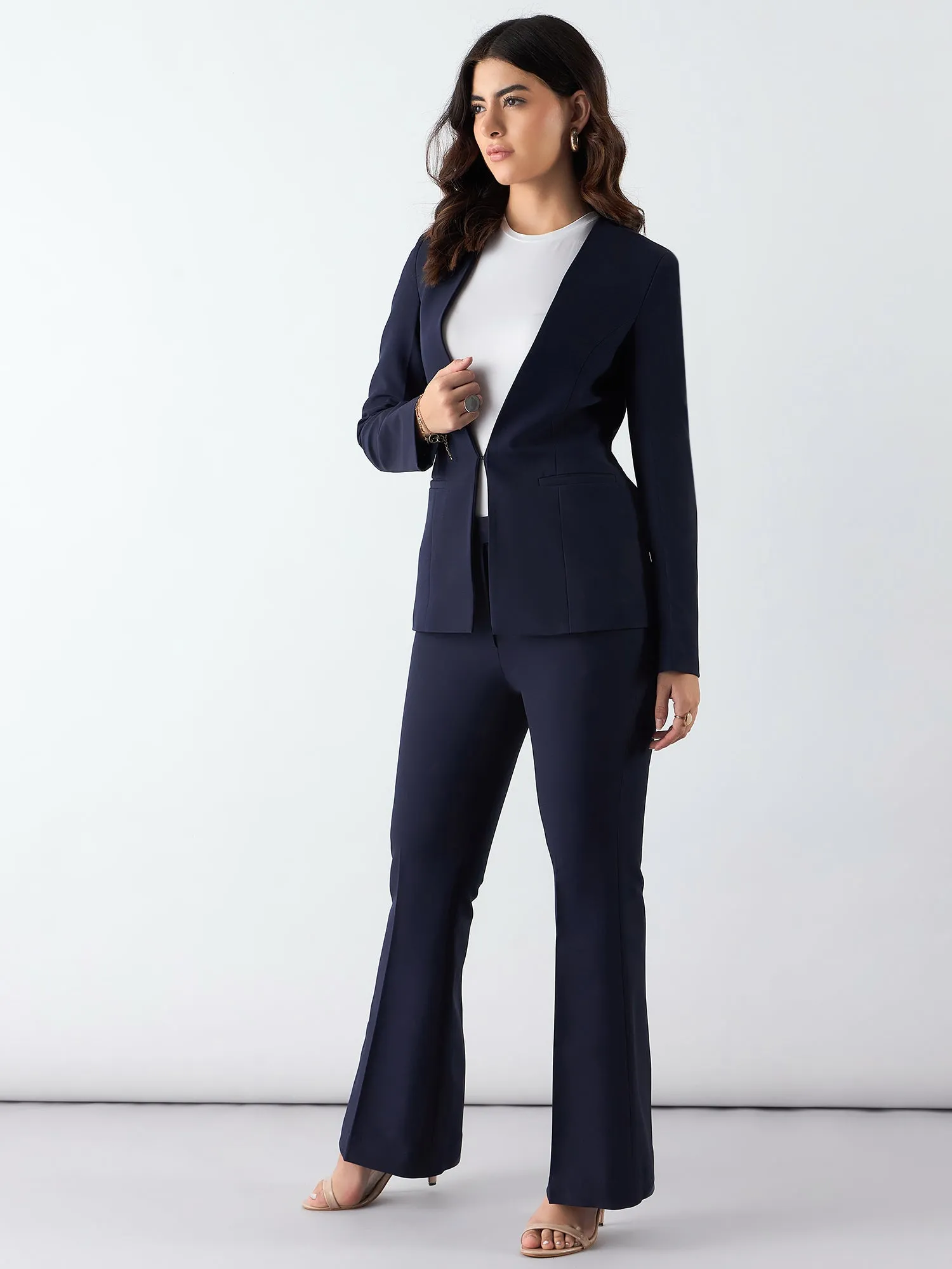 Navy Blue Poly Viscose Minimalist Regular Fit Blazer & Trouser