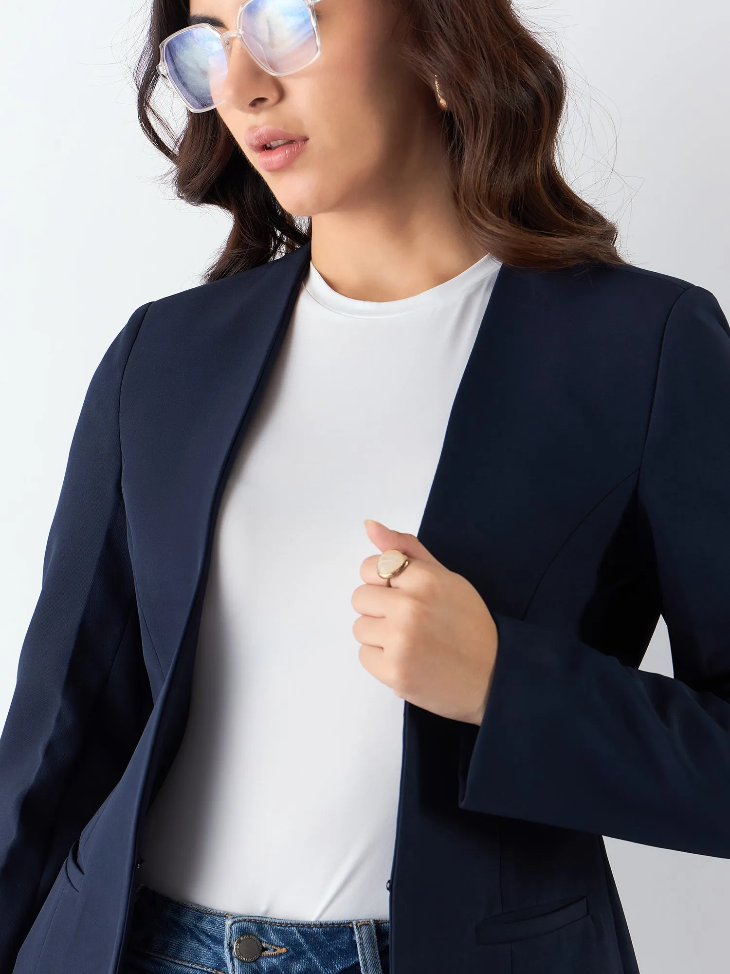 Navy Blue Poly Viscose Minimalist Regular Fit Blazer & Trouser