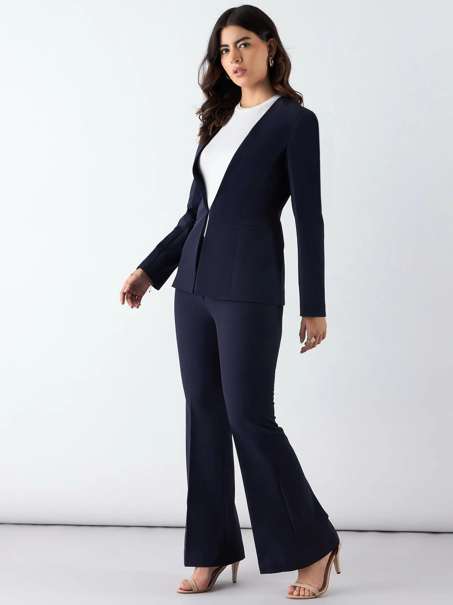 Navy Blue Poly Viscose Minimalist Regular Fit Blazer & Trouser