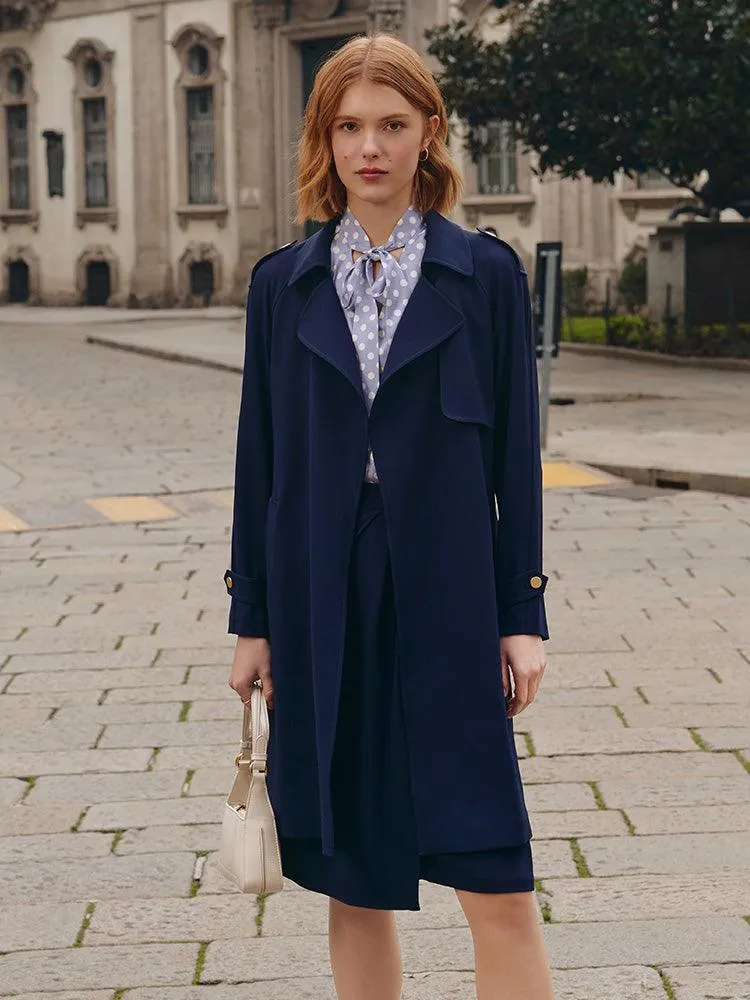 Navy Blue Triacetate Lapel Trench Coat