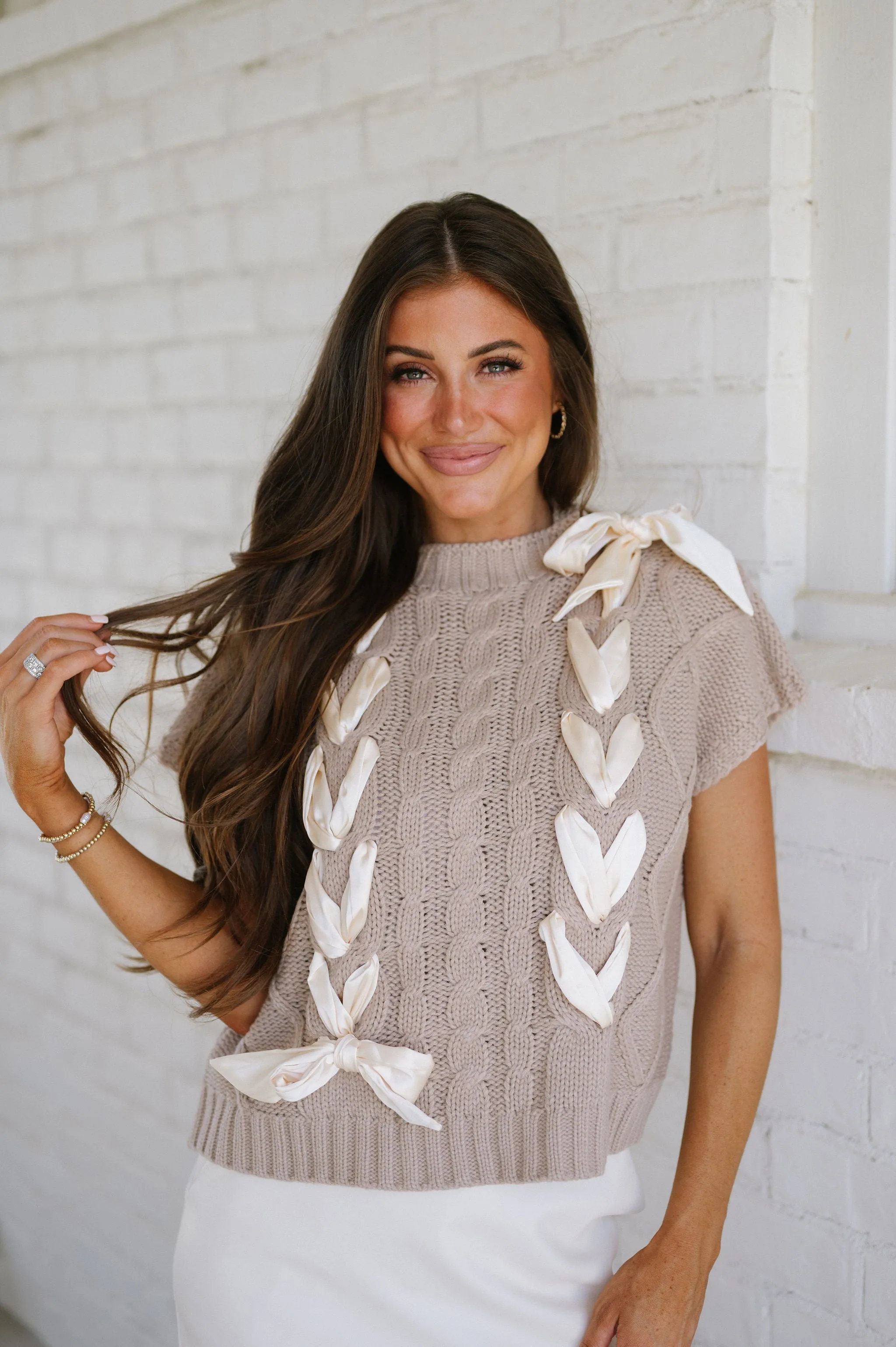 Satin Bow Cable Knit Sweater-Taupe