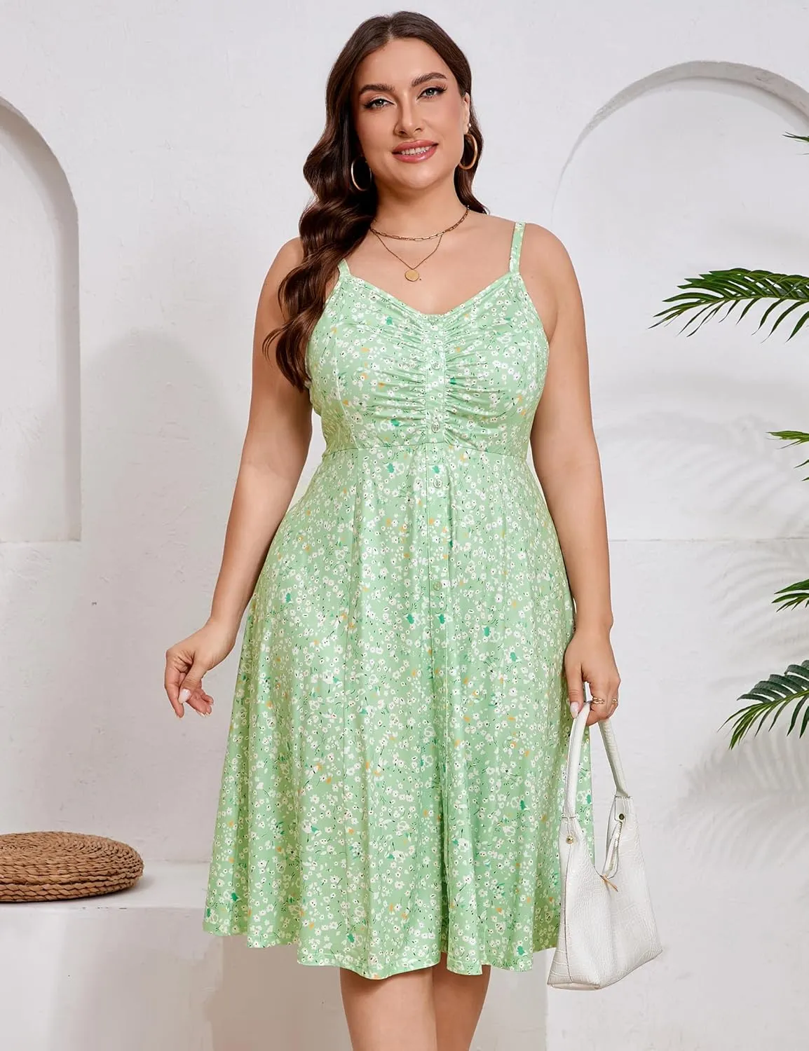 ShopWonder Womens Plus Size Summer Dress V Neck Floral Spaghetti Strap Sundress Button Down Pleated Swing Boho Midi Dress