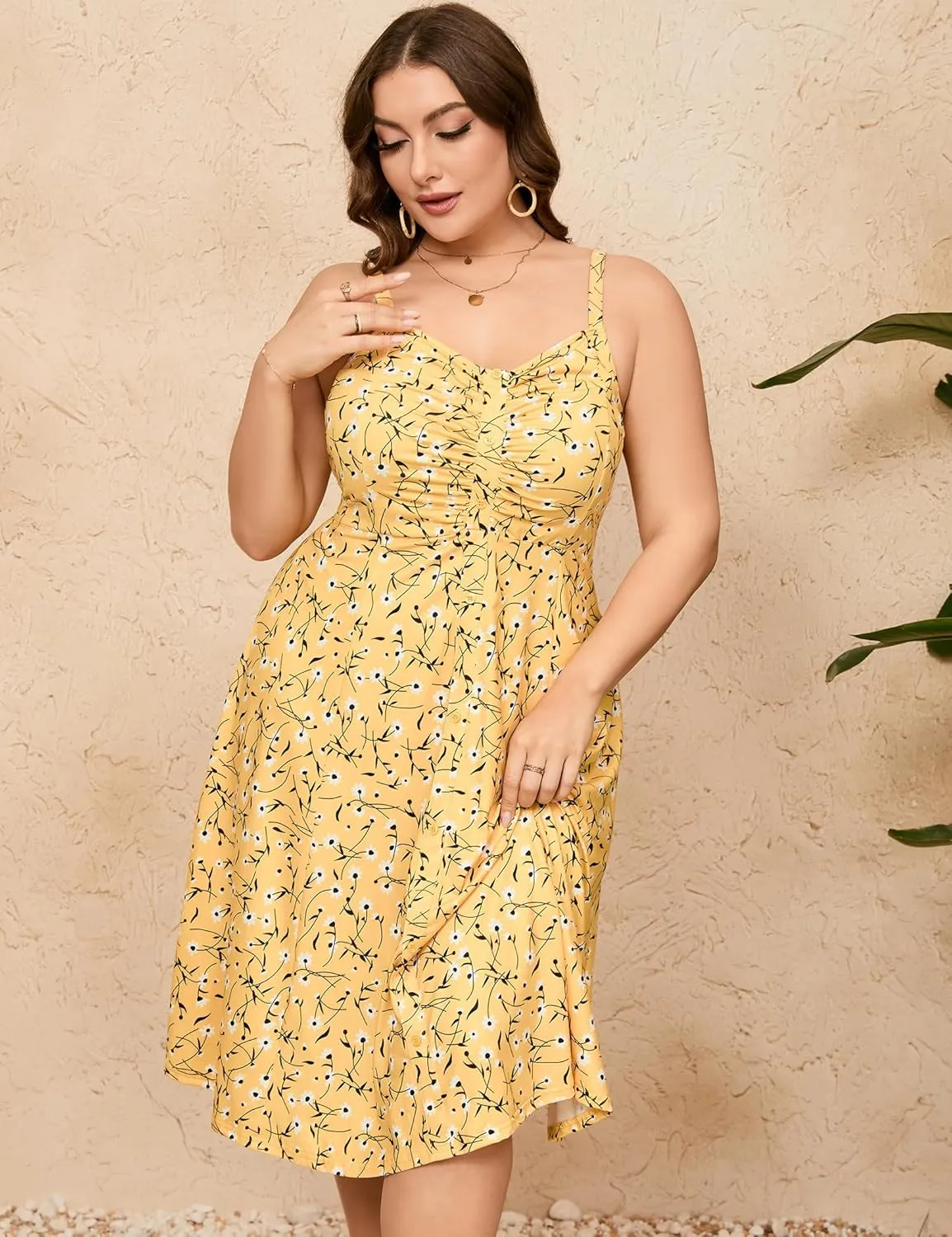 ShopWonder Womens Plus Size Summer Dress V Neck Floral Spaghetti Strap Sundress Button Down Pleated Swing Boho Midi Dress