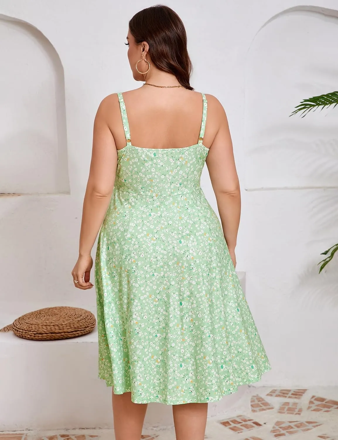ShopWonder Womens Plus Size Summer Dress V Neck Floral Spaghetti Strap Sundress Button Down Pleated Swing Boho Midi Dress