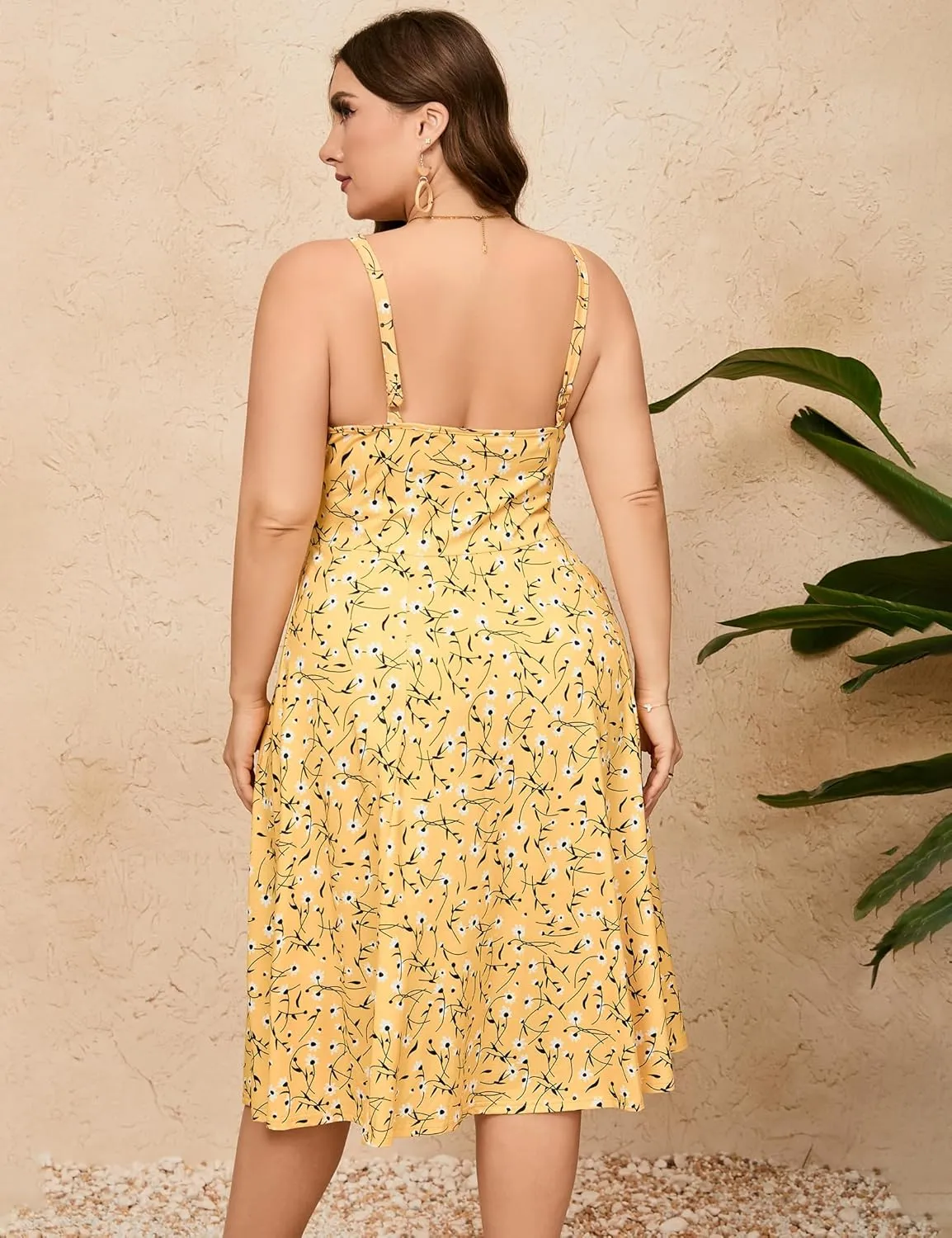 ShopWonder Womens Plus Size Summer Dress V Neck Floral Spaghetti Strap Sundress Button Down Pleated Swing Boho Midi Dress