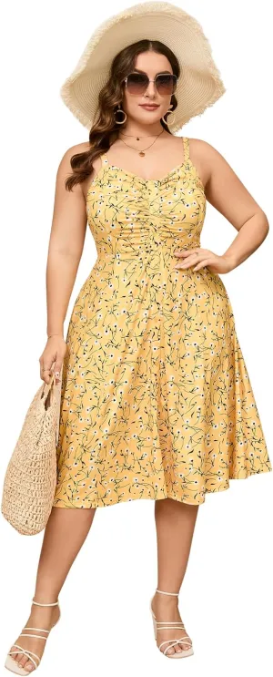 ShopWonder Womens Plus Size Summer Dress V Neck Floral Spaghetti Strap Sundress Button Down Pleated Swing Boho Midi Dress