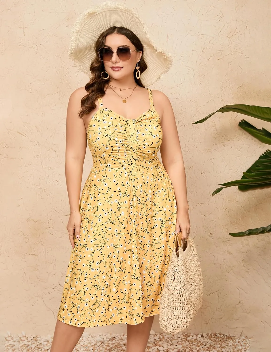 ShopWonder Womens Plus Size Summer Dress V Neck Floral Spaghetti Strap Sundress Button Down Pleated Swing Boho Midi Dress