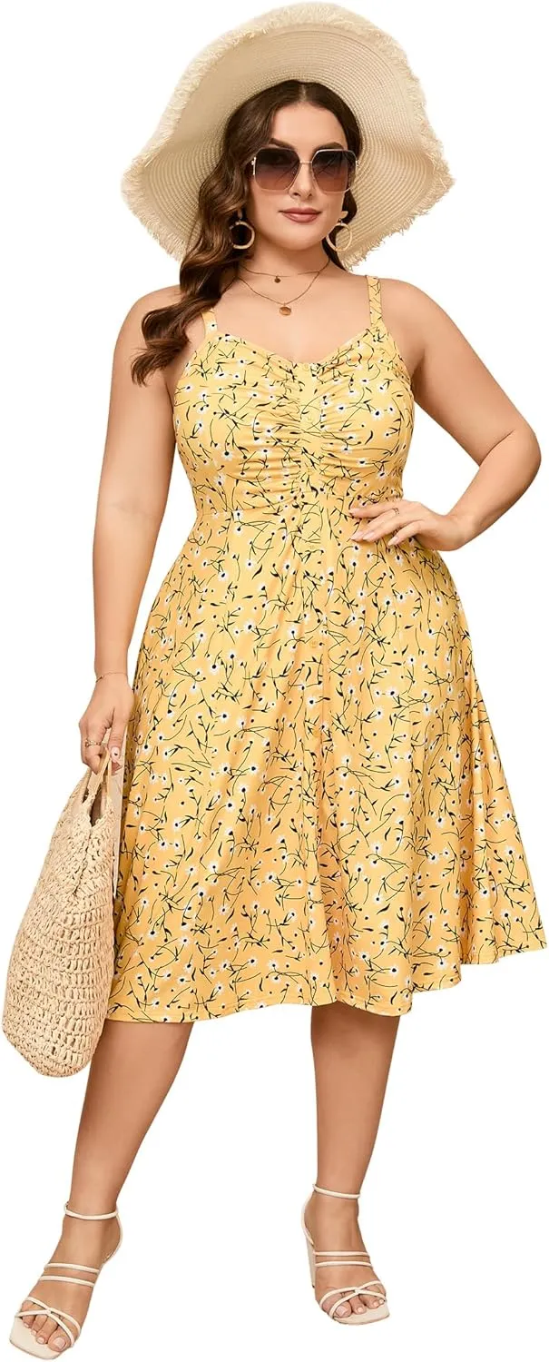 ShopWonder Womens Plus Size Summer Dress V Neck Floral Spaghetti Strap Sundress Button Down Pleated Swing Boho Midi Dress