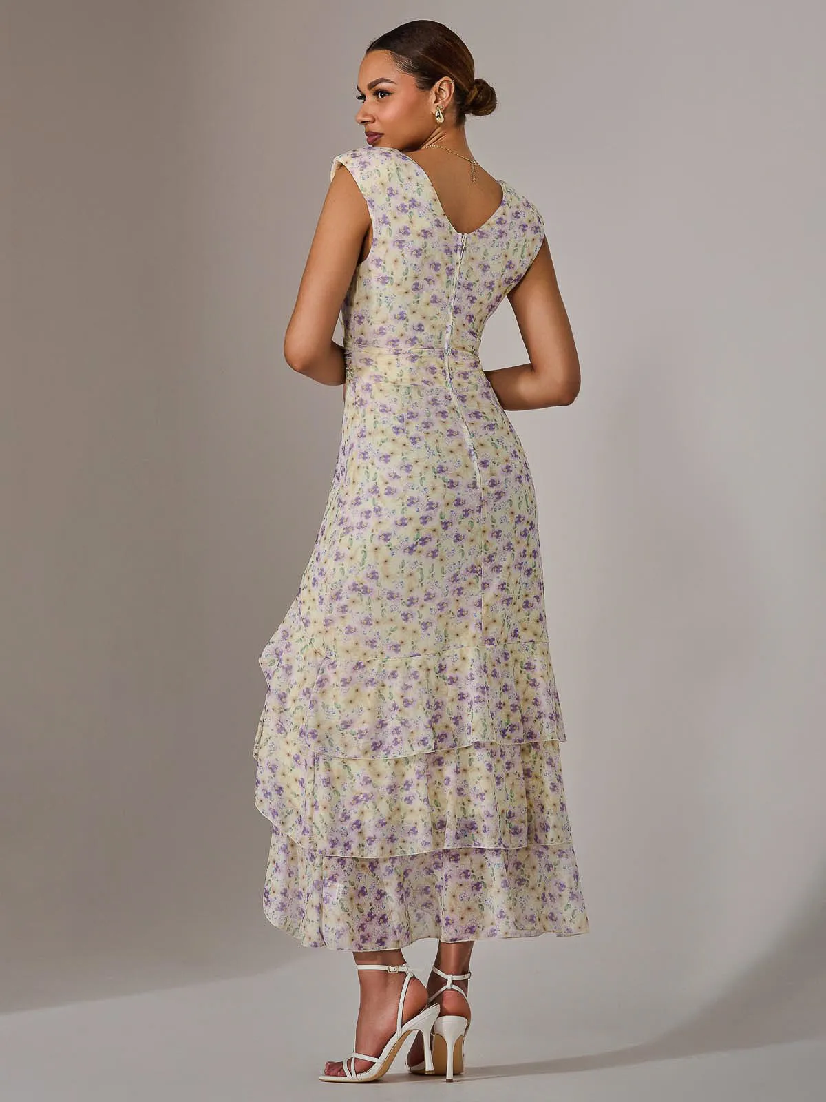 Sleeveless Ruffle Midi Dress, Purple Floral