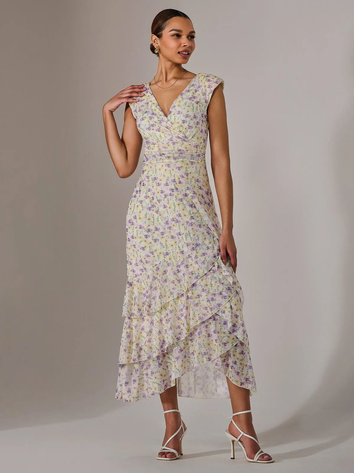 Sleeveless Ruffle Midi Dress, Purple Floral