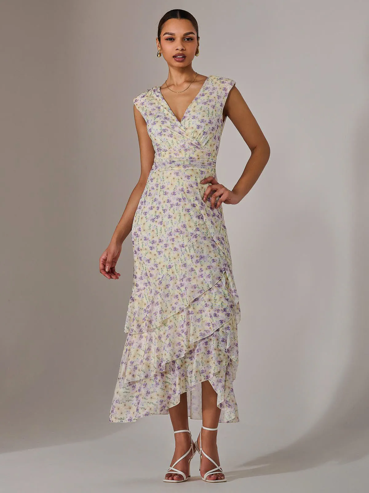 Sleeveless Ruffle Midi Dress, Purple Floral
