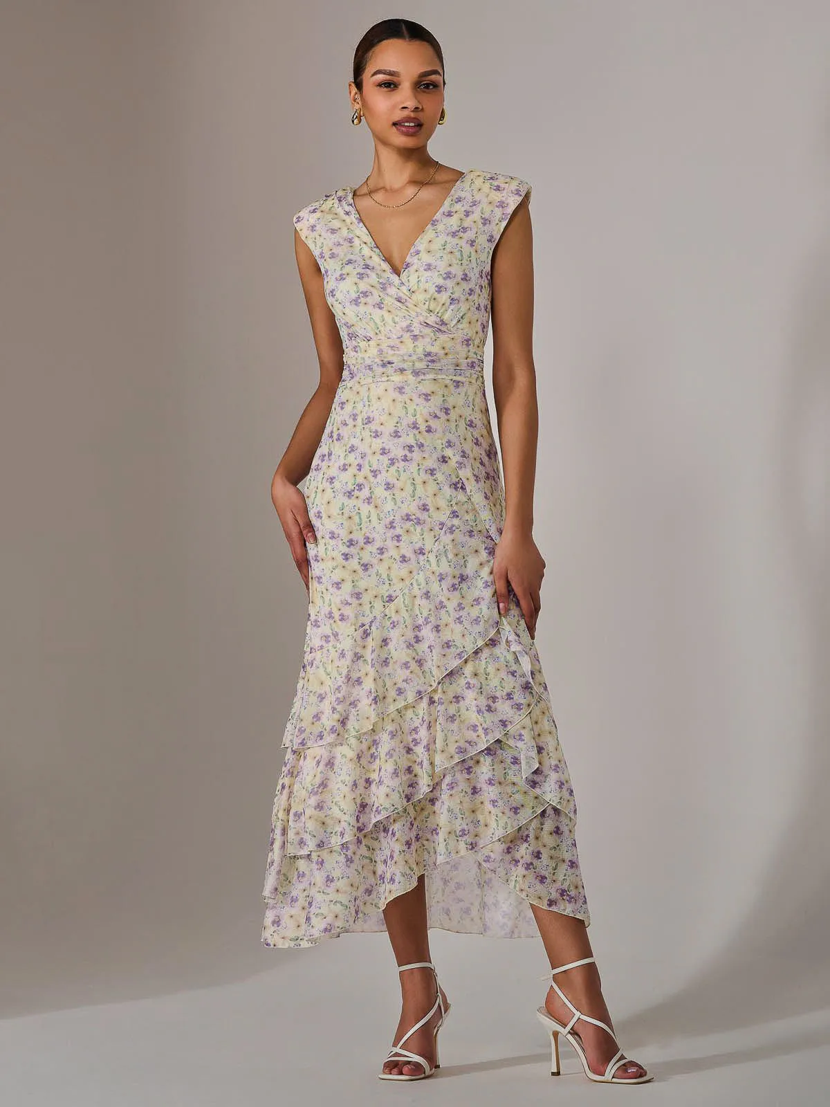 Sleeveless Ruffle Midi Dress, Purple Floral
