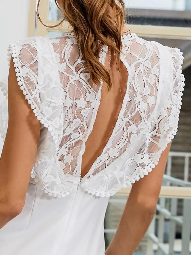 Summer Mini Lace Neckline Chiffon White Dress