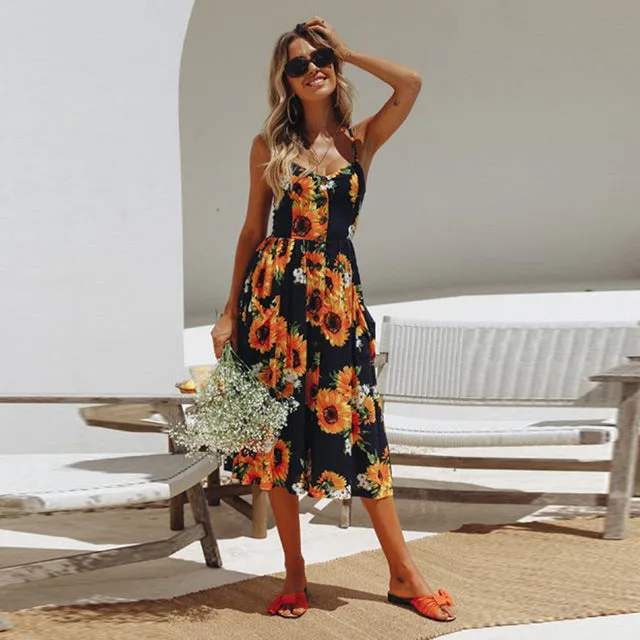 Sunflower Print Sexy Dress