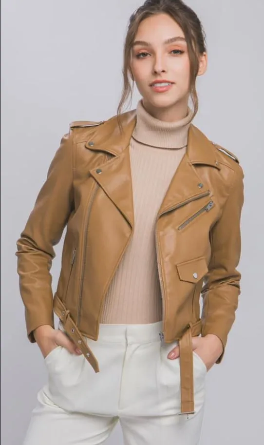 Tan Faux Leather Moto Jacket