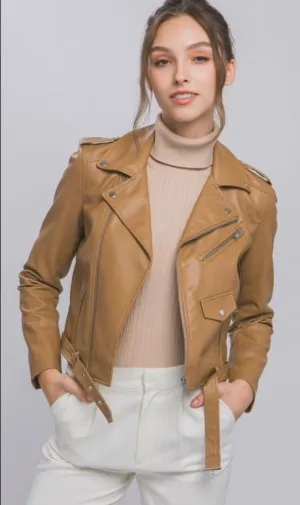 Tan Faux Leather Moto Jacket