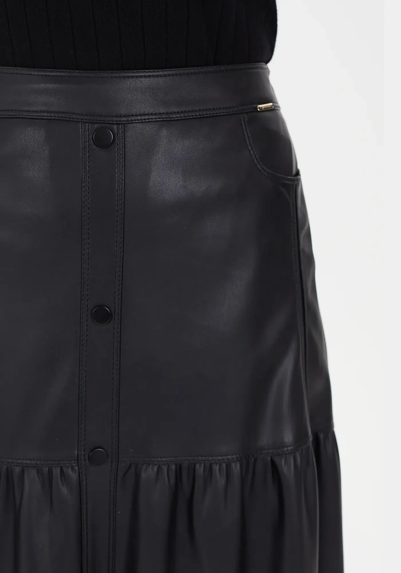 Vegan Leather Midi Skirt with Button Details and Pockets