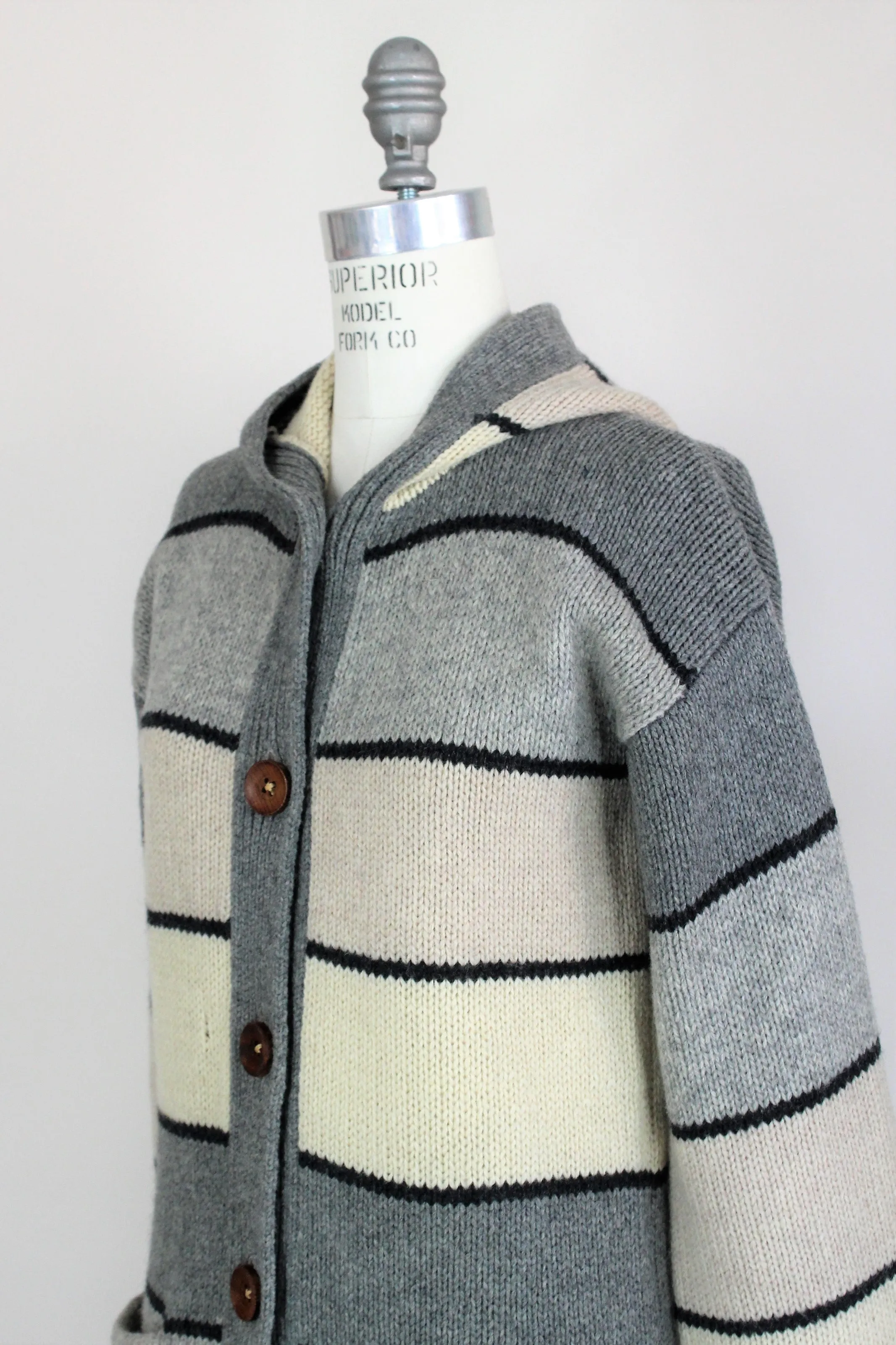 Vintage 1970s Hooded Gray And Ivory Long Wool Sweater