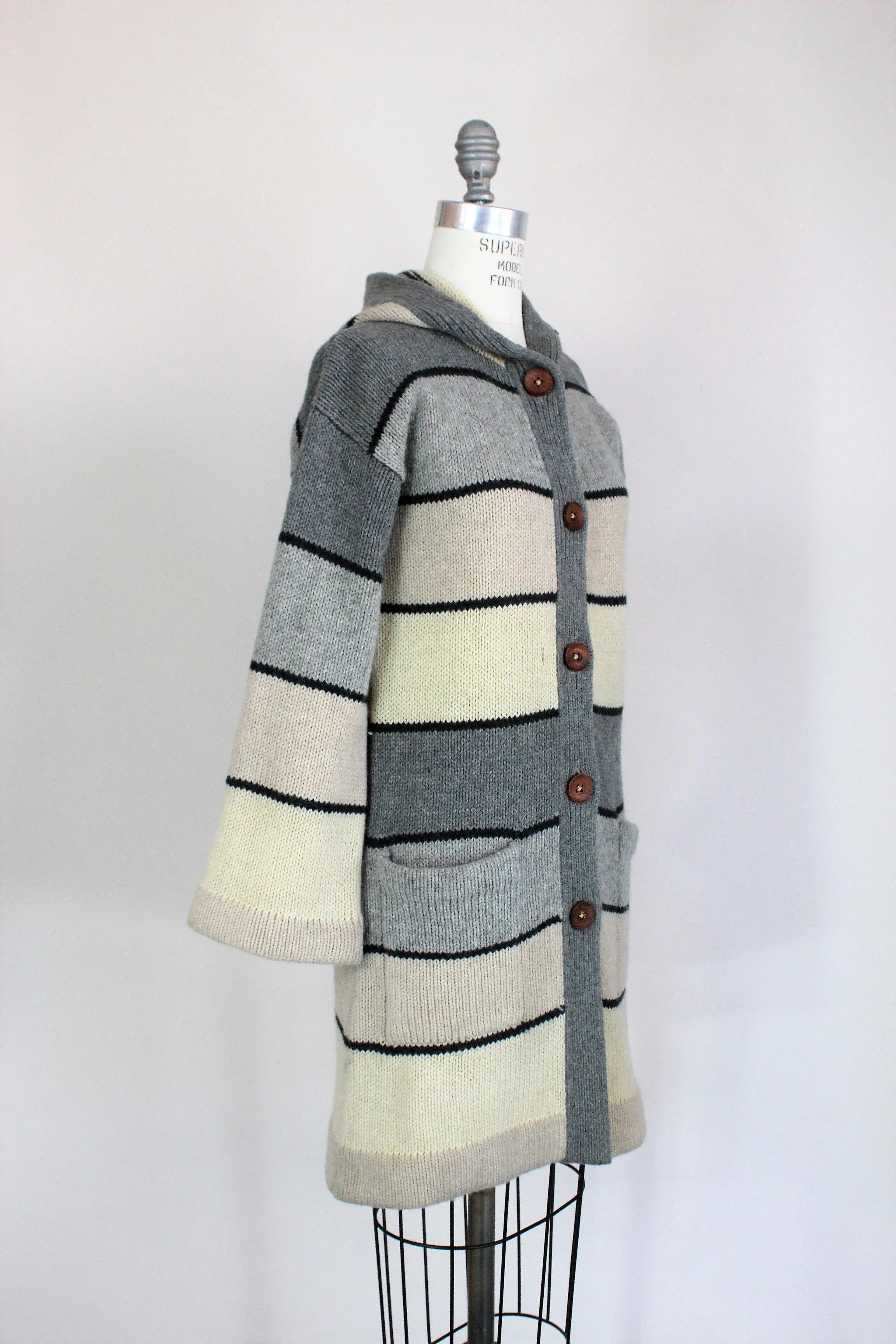 Vintage 1970s Hooded Gray And Ivory Long Wool Sweater