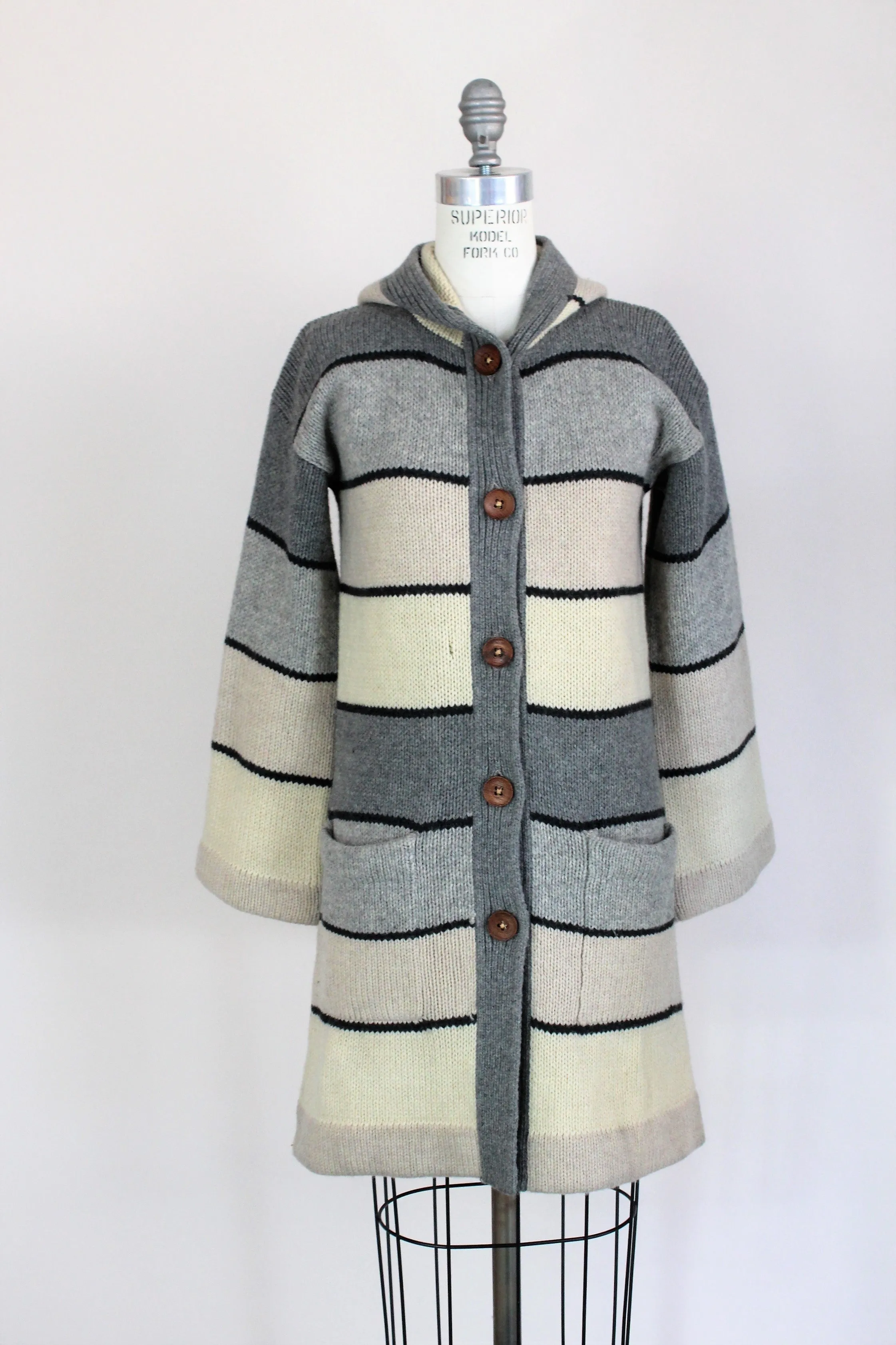 Vintage 1970s Hooded Gray And Ivory Long Wool Sweater