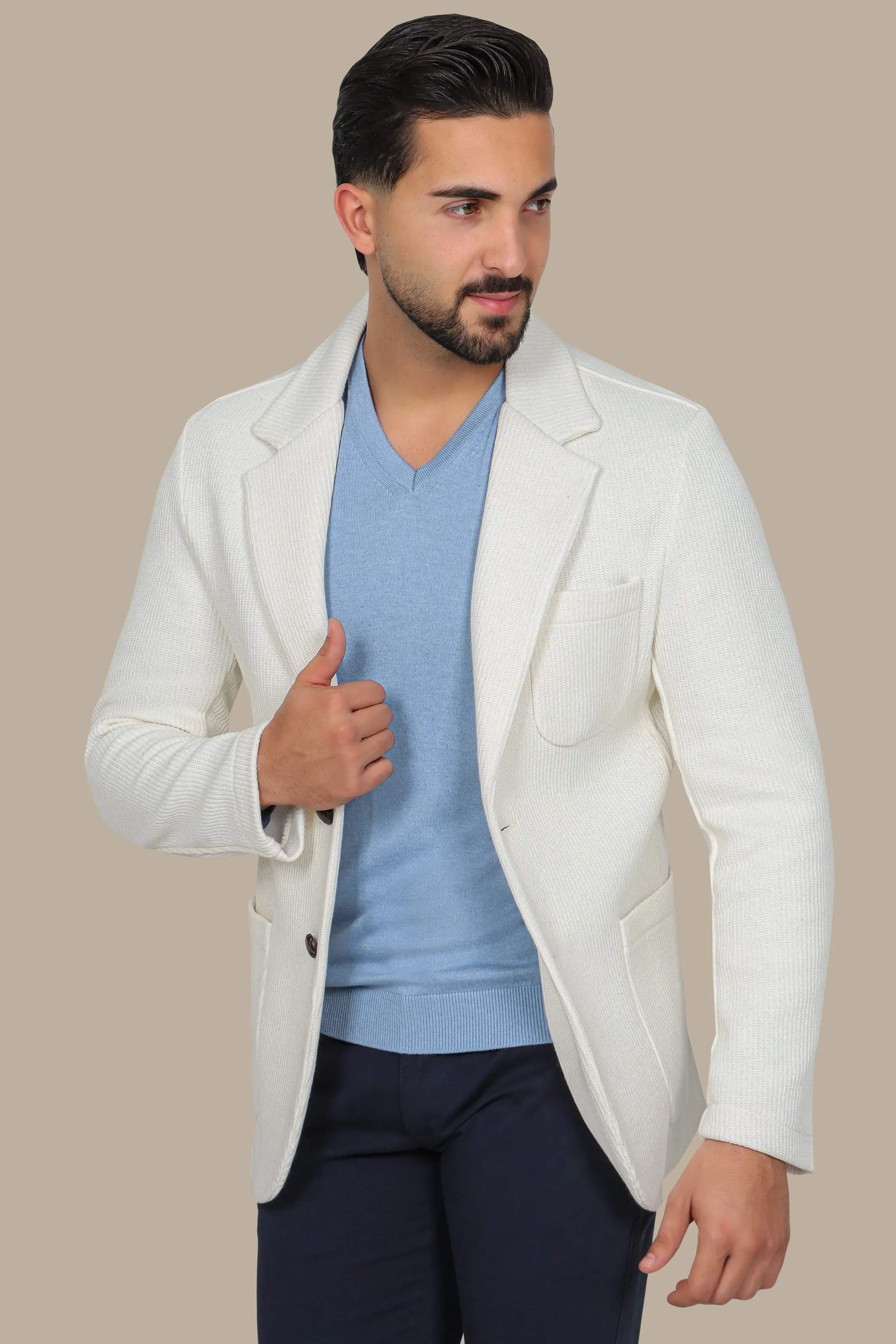 White Cotton Mercerized Blazer with Notch Lapel