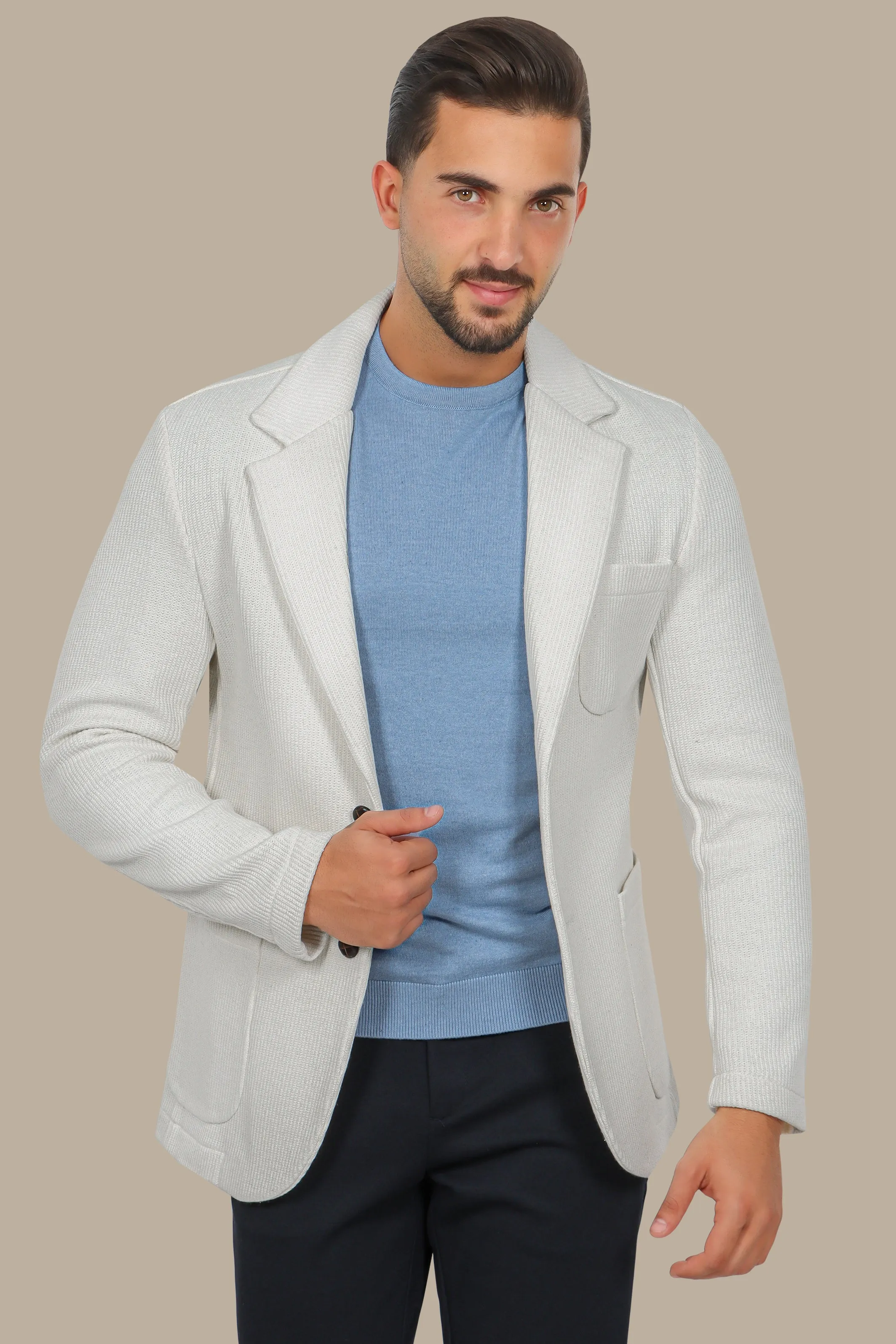 White Cotton Mercerized Blazer with Notch Lapel